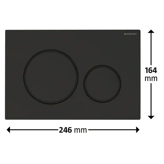 Geberit Betätigungsplatte Sigma 20 115.882.16.1 - Schwarz Matt, 2-Mengen-Spülung - Schwarze Geberit Betätigungsplatte mit zwei runden Betätigungstasten und Größenangaben.
