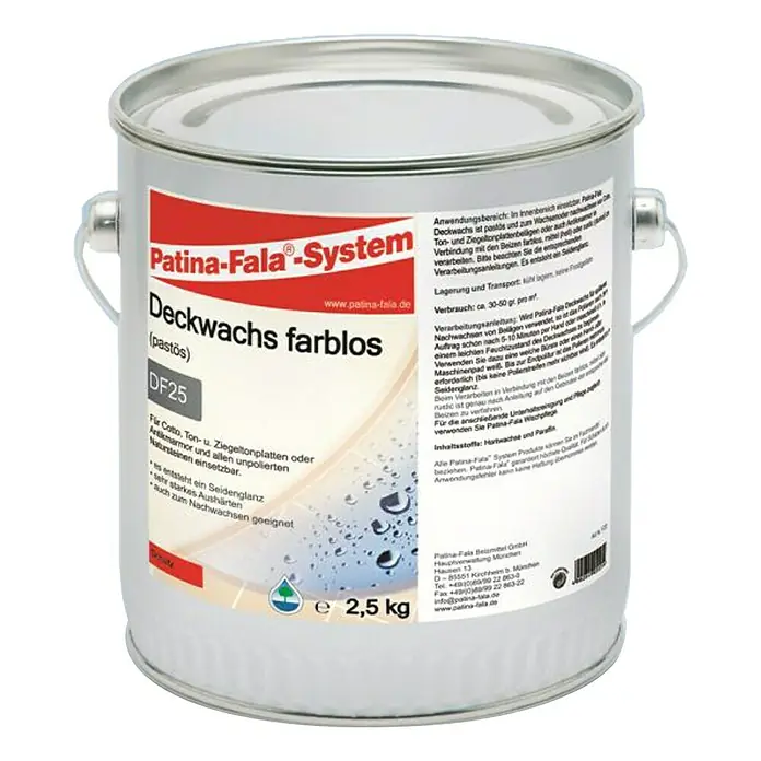 Patina-Fala Deckwachs Farblos - 2,5 l - Dose Patina-Fala Deckwachs farblos (pastös) DF25 für Cotto, Ton- und Ziegeltonplatten, Antikmarmor und unpolierte Natursteine.