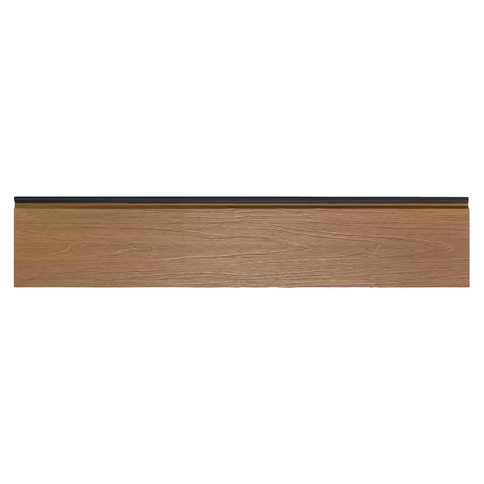 Dioco Revestimiento decorativo texturado - L x An x Es: 2.200 x 148 x 21 mm, Marrón - Tabla compuesta marrón con veta de madera y borde superior negro, ideal para terrazas o molduras.