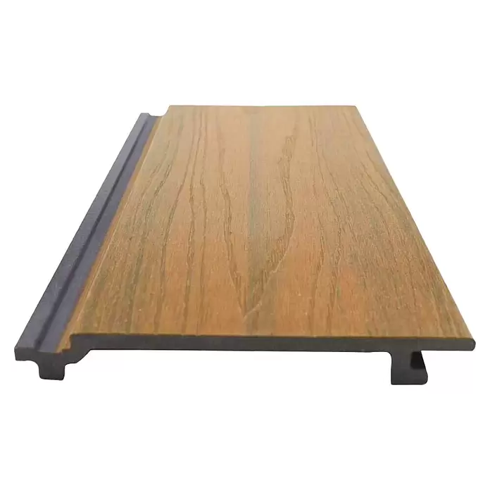 Dioco Revestimiento decorativo texturado - L x An x Es: 2.200 x 148 x 21 mm, Marrón - Panel WPC con veta de madera natural y perfil de encaje oscuro.