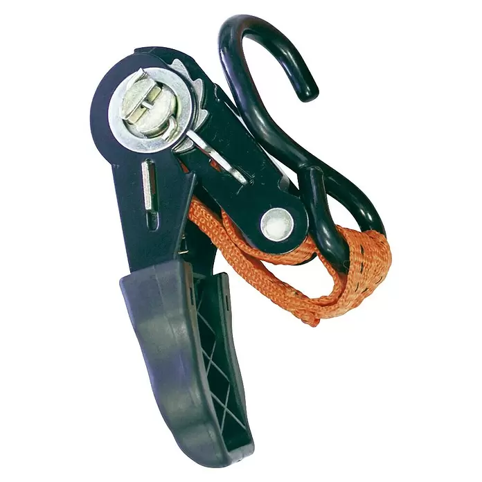 Rolmovil Correa de amarre - 25 mm x 3 m, Carga soportada: 250 kg, Plástico - Correa de trinquete negra con cincha naranja y gancho en S negro para asegurar cargas.