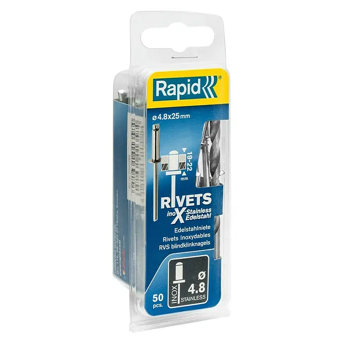 Rapid Blindniete - Nietdurchmesser: 4,8 mm, Nietlänge: 25 mm, 50 Stk. - Die Rapid Blindnieten im Set: 50 Stück, 4,8x25 mm aus Edelstahl für robuste Verbindungen, ideal für Handwerk und Industrie.