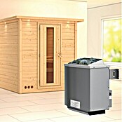 Karibu Massivholzsauna Mojave (Mit 9 kW Saunaofen mit integrierter Steuerung, Mit Dachkranz und Beleuchtung, Massivholz, 184 x 193 x 208 cm)