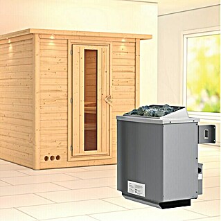 Karibu Elementsauna Mojave (Mit 9 kW Ofen mit integrierter Steuerung, Mit Dachkranz und Beleuchtung, Materialspezifizierung Tür: Massivholztür, L x B x H: 224 x 210 x 192 cm)