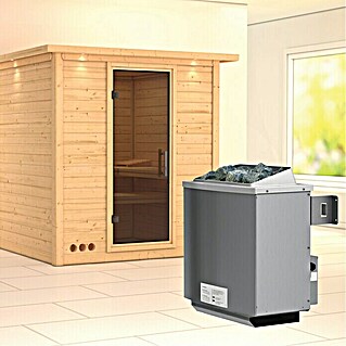 Karibu Elementsauna Mojave (Mit 9 kW Ofen mit integrierter Steuerung, Mit Dachkranz und Beleuchtung, Materialspezifizierung Tür: Ganzglas Graphit, L x B x H: 224 x 210 x 192 cm)