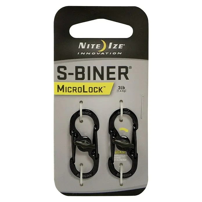 Nite Ize Doppelkarabiner Micro Lock - 35,5 x 15 mm, Edelstahl, Schwarz, Belastbarkeit: 1,4 kg - Nite Ize S-Biner MicroLock Doppelpack, kleine Karabinerhaken mit Schiebeverschluss für Schlüsselanhänger und leichte Gegenstände, 3lb Tragkraft.