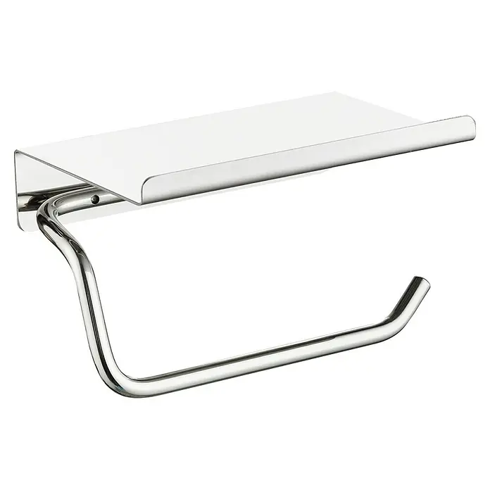Camargue Carlit Portarrollos papel higiénico - Con tapa, Cromo - Imagen de un moderno portarrollos de papel higiénico cromado con estante. Práctico y elegante para cualquier baño.