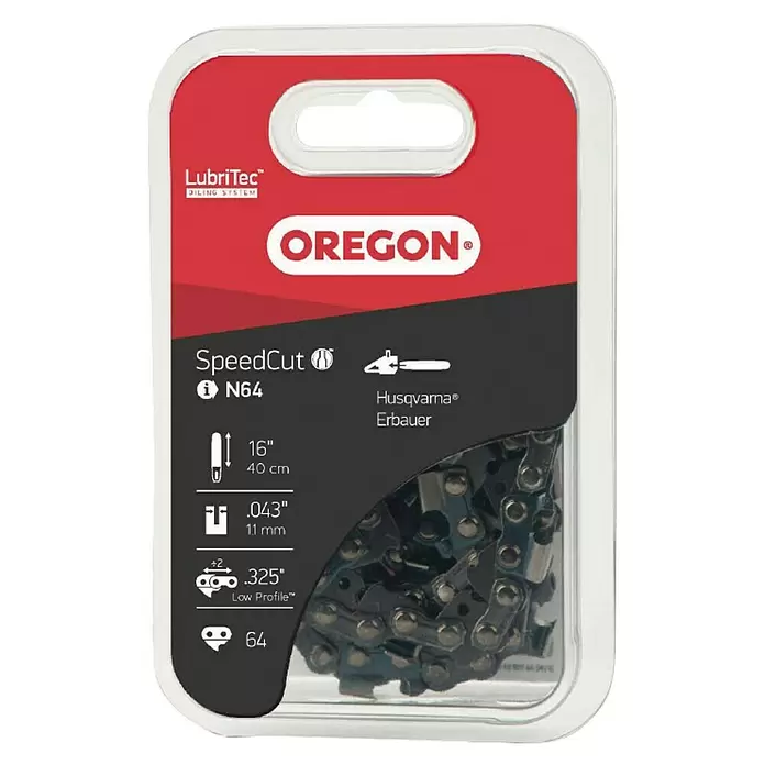 Oregon Sägekette 80 TXL.3251,1, Speed-Cut Nano - Passend für: Motorsägen mit .325"-Teilung, 1,1 mm Treibgliedstärke und 80 Treibgliedern - Oregon SpeedCut N64 Kettensägenkette, 16 Zoll, 0.325 Low Profile, 64 Treibglieder, in rot-schwarzer Verpackung.