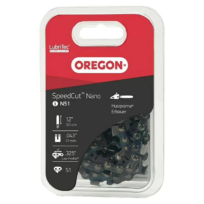 Oregon Sägekette 80 TXL .325, 1,1, Speed-Cut Nano - Passend für: Motorsägen mit einer .325"-Teilung und 1,1 mm Treibgliedstärke - Verpackte Oregon SpeedCut Nano N51 Sägekette: 12" (30cm), .043" (1.1mm), .325" Low Profile, 51 Treibglieder. Kompatibel mit Husqvarna/Erbauer.