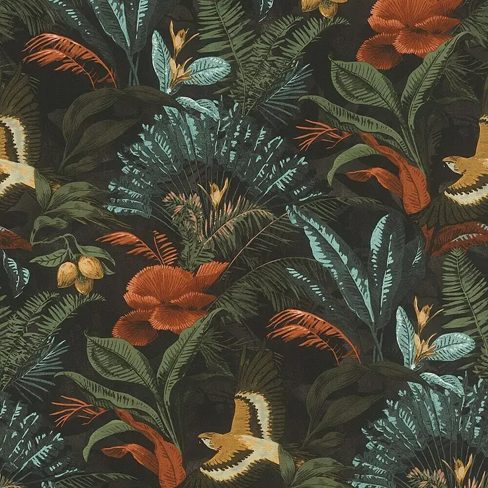 Rasch Selection Vliestapete Dschungel mit Papagei - Mehrfarbig, Floral, 10,05 x 0,53 m - Ein dunkles, stimmungsvolles Muster mit tropischen Pflanzen und stilisierten Vögeln, ideal für auffällige Dekorationen.