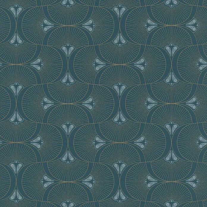Rasch Selection Vliestapete Art-Deco - Petrolblau-Gold, Grafisch, 10,05 x 0,53 m - Elegantes Art-Deco-Tapetenmuster in Blau und Gold. Das Muster besteht aus stilisierten Blüten und strahlenförmigen Elementen.