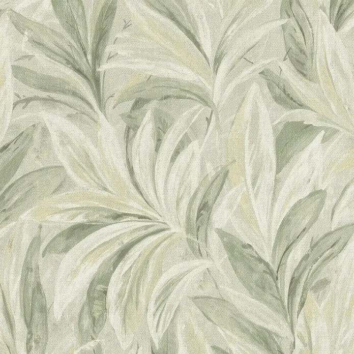 Rasch Selection Vliestapete Allegretto - Grün-Beige, Floral, 10,05 x 0,53 m - Texturiertes Tapetenmuster mit sich überlappenden, grün-weißen Blättern, das eine natürliche und beruhigende Atmosphäre schafft.