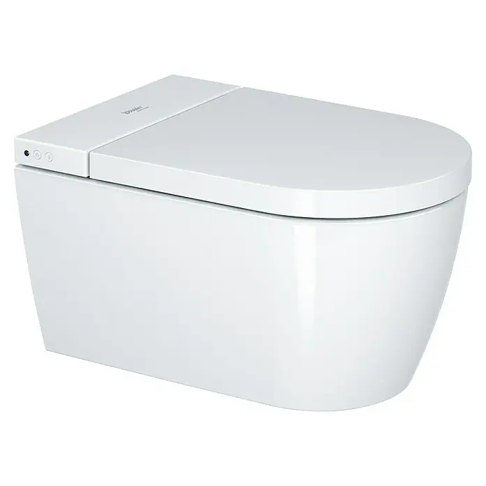 Duravit Wand-Dusch-WC-Set Starck Plus Compact - Spülrandlos, Mit antibakterieller Glasur, Spülform: Tief, WC Abgang: Waagerecht, Weiß - Nahaufnahme einer weißen Duravit Wandtoilette, die ein modernes und minimalistisches Design für Badezimmerausstattung zeigt.