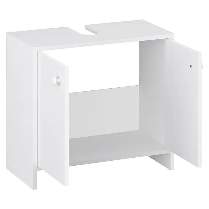 Astor Waschtischunterschrank Fini - B x T x H: 60 x 29 x 55 cm, Weiß, Matt - Weißer Waschbeckenunterschrank mit zwei geöffneten Türen und einem Ablageboden. Der Schrank bietet Stauraum im Badezimmer.