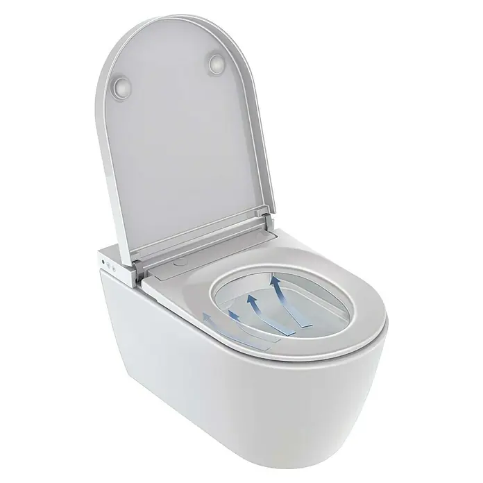 Duravit Wand-Dusch-WC-Set Starck Plus Compact - Spülrandlos, Mit antibakterieller Glasur, Spülform: Tief, WC Abgang: Waagerecht, Weiß - Ein modernes, weißes wandhängendes WC mit offenem Deckel und blauen Pfeilen, die auf eine Spülfunktion hinweisen. Stilvolles Design für jedes Bad.