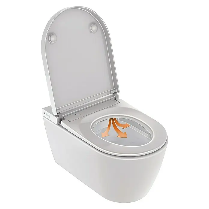 Duravit Wand-Dusch-WC-Set Starck Plus Compact - Spülrandlos, Mit antibakterieller Glasur, Spülform: Tief, WC Abgang: Waagerecht, Weiß - Das Bild zeigt eine moderne, weiße Toilette mit offenem Deckel und orangefarbenen Pfeilen, die auf die Hygiene-Funktion hinweisen.
