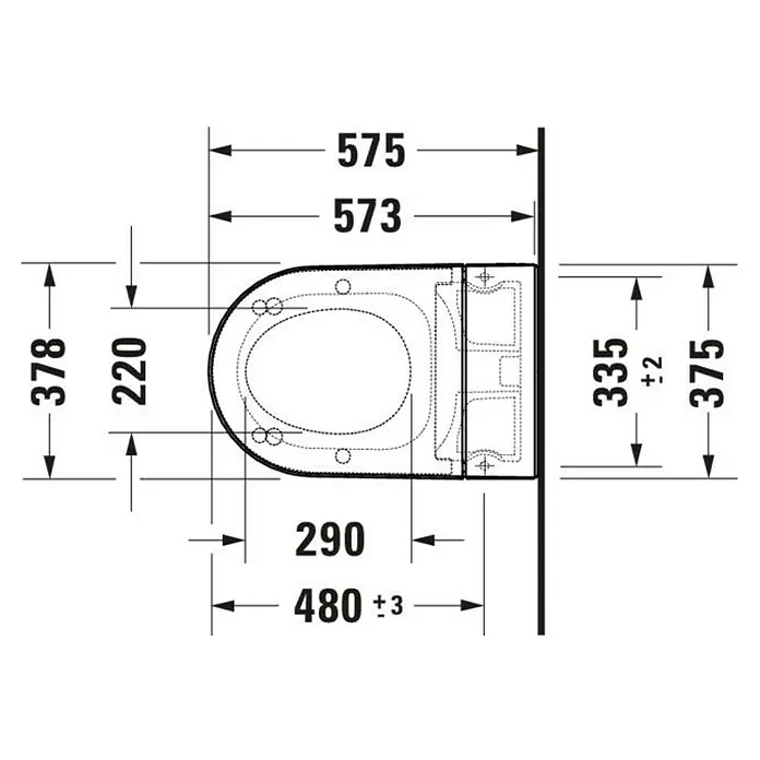 Duravit Wand-Dusch-WC-Set Starck Lite Compact - Spülrandlos, Mit antibakterieller Glasur, Spülform: Tief, WC Abgang: Waagerecht, Weiß - Draufsicht eines wandhängenden WCs mit Maßen. Die technischen Zeichnungen zeigen die genauen Abmessungen für die Installation des WCs.