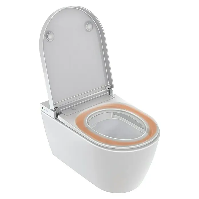 Duravit Wand-Dusch-WC-Set Starck Plus Compact - Spülrandlos, Mit antibakterieller Glasur, Spülform: Tief, WC Abgang: Waagerecht, Weiß - Das Bild zeigt eine elegante Toilette mit offenem Deckel, deren beheizter Sitz durch einen orangefarbenen Farbverlauf hervorgehoben wird.