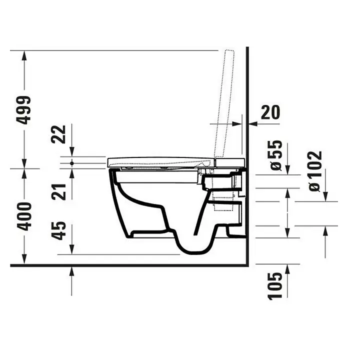 Duravit Wand-Dusch-WC-Set Starck Lite Compact - Spülrandlos, Mit antibakterieller Glasur, Spülform: Tief, WC Abgang: Waagerecht, Weiß - Technische Zeichnung einer wandhängenden Toilette mit Maßangaben.