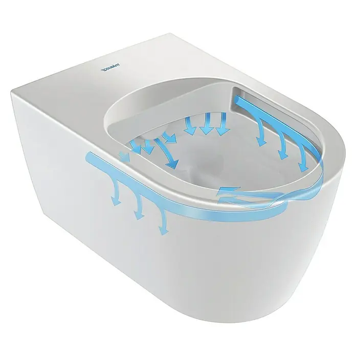 Duravit Wand-Dusch-WC-Set Starck Plus Compact - Spülrandlos, Mit antibakterieller Glasur, Spülform: Tief, WC Abgang: Waagerecht, Weiß - Ein modernes, wandhängendes Duravit WC mit blauen Pfeilen, die den Wasserfluss für eine effiziente Spülung darstellen. Elegantes Design für jedes Badezimmer.