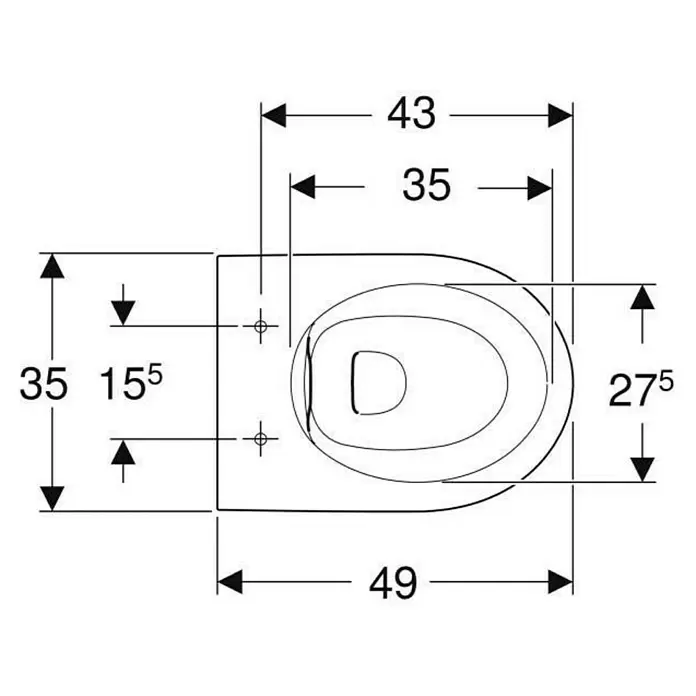 Geberit iCon Wand-WC XS 2 - Spülrandlos, Ohne Spezialglasur, Spülform: Tief, WC Abgang: Waagerecht, Weiß - Technische Zeichnung einer WC-Toilettenschüssel, Draufsicht, mit Maßen und Befestigungspunkten.