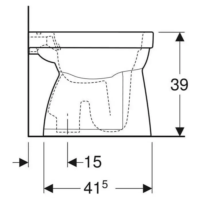 Geberit Renova Stand-WC - Spülrandlos, Mit schmutzabweisender Glasur, Spülform: Flach, WC Abgang: Senkrecht, Weiß - Technische Seitenansicht einer wandhängenden WC-Schüssel mit Maßen: Höhe 39, Tiefe 41.5, 15 von Wand zur Befestigung.