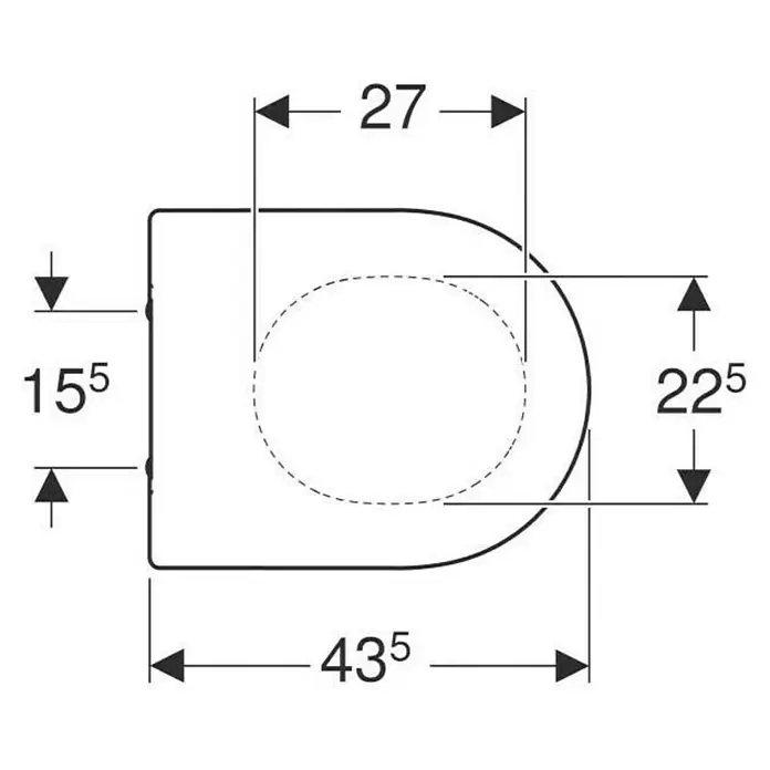 Geberit Acanto WC-Sitz - Duroplast, Weiß, Mit Absenkautomatik - Technische Zeichnung eines Toilettensitzes (Draufsicht) mit Maßen: Gesamtbreite 435mm, Öffnungsbreite 27mm, hintere Länge 155mm, Öffnungslänge 225mm.