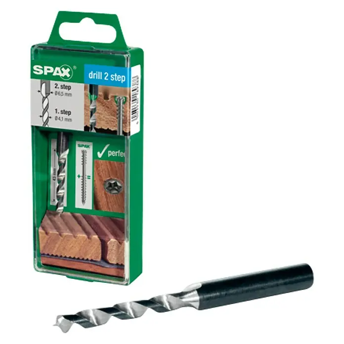 Spax Stufenbohrer - Durchmesser: 4,1 mm, Hartmetall - SPAX Stufenbohrer Set im grünen Blisterpack und ein einzelner Stufenbohrer mit silberner Spitze und schwarzem Schaft.