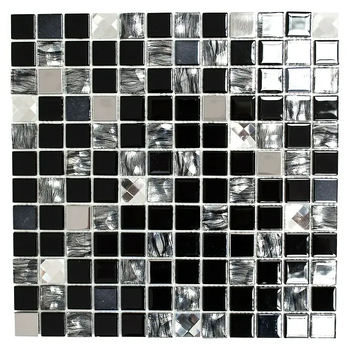 Selbstklebemosaik SAM 4CM26 - 30 x 30 cm, Mix Schwarz, Glänzend - Nahaufnahme eines Mosaiks mit kleinen, quadratischen, schwarzen, silbernen und spiegelnden Fliesen, die ein geometrisches Muster bilden.