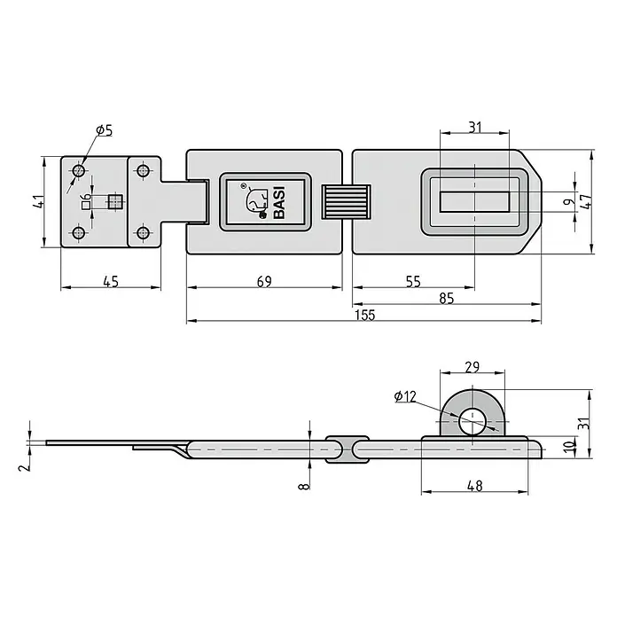 Basi Sicherheitsüberfalle SF 50 - L x B: 155 x 47 mm, Verzinkt - Technische Zeichnung eines BASI-Riegels mit Maßen und Details für Konstruktion und Montage.