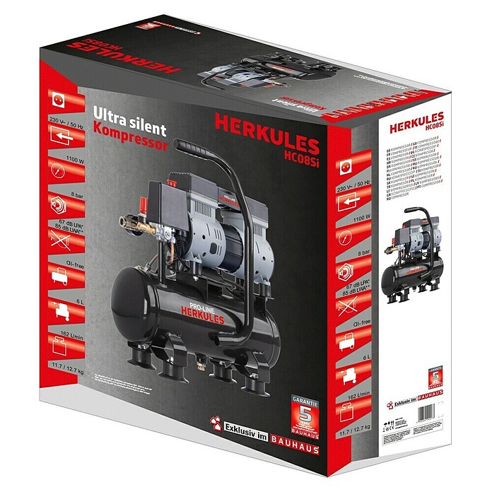 Herkules Kompressor Ultra Silent HC08SI 6L (Max. Druck: 8 bar, 6 l) | BAUHAUS