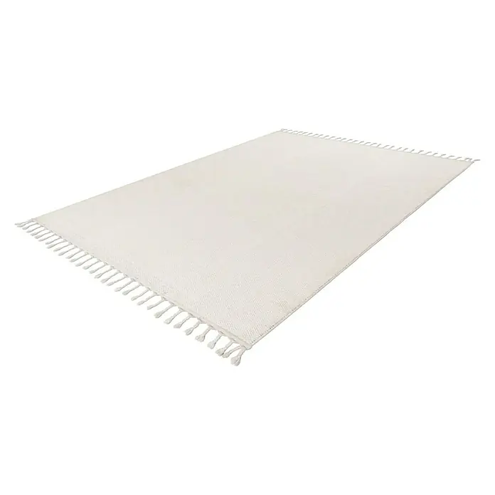 Fransenteppich Tunis 400 - Ivory, 150 x 80 cm, 100 % Polyester - Ein rechteckiger, weißer Teppich mit Fransen an den Enden, perfekt um jedem Raum einen Hauch von Komfort und Stil zu verleihen.