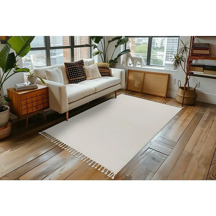 Fransenteppich Tunis 400 - Ivory, 150 x 80 cm, 100 % Polyester - Ein rechteckiger, naturfarbener Teppich mit Fransen liegt in einem hellen Wohnzimmer mit Holzboden und passenden Möbeln.