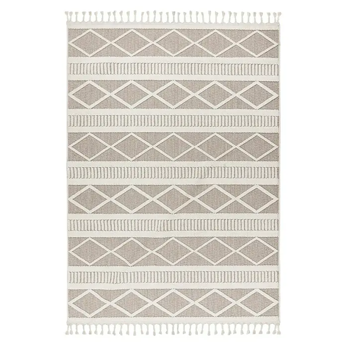 Fransenteppich Tunis 401 - Beige, 150 x 80 cm, 100 % Polyester - Grauer Teppich mit weißen geometrischen Mustern und Fransen für stilvolles Wohnambiente.