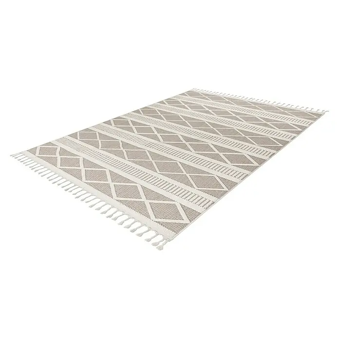 Fransenteppich Tunis 401 - Beige, 150 x 80 cm, 100 % Polyester - Ein beigefarbener Teppich mit geometrischen Mustern und Fransen.