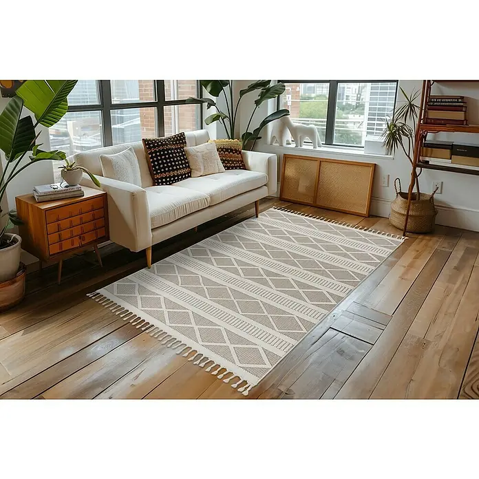 Fransenteppich Tunis 401 - Beige, 150 x 80 cm, 100 % Polyester - Ein stilvoller Raum mit einem gemusterten Teppich, der den Raum optisch aufwertet und eine gemütliche Atmosphäre schafft.