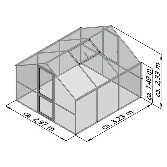 KGT Gewächshaus Orchidee III - Außenmaß inkl. Dachüberstand (B x T): 297 x 323 cm, 10 mm, Pressblank - Abbildung eines Gewächshauses mit den Maßen ca. 2,97 m Breite, ca. 3,23 m Länge, ca. 1,49 m Seitenhöhe und ca. 2,33 m Gesamthöhe.