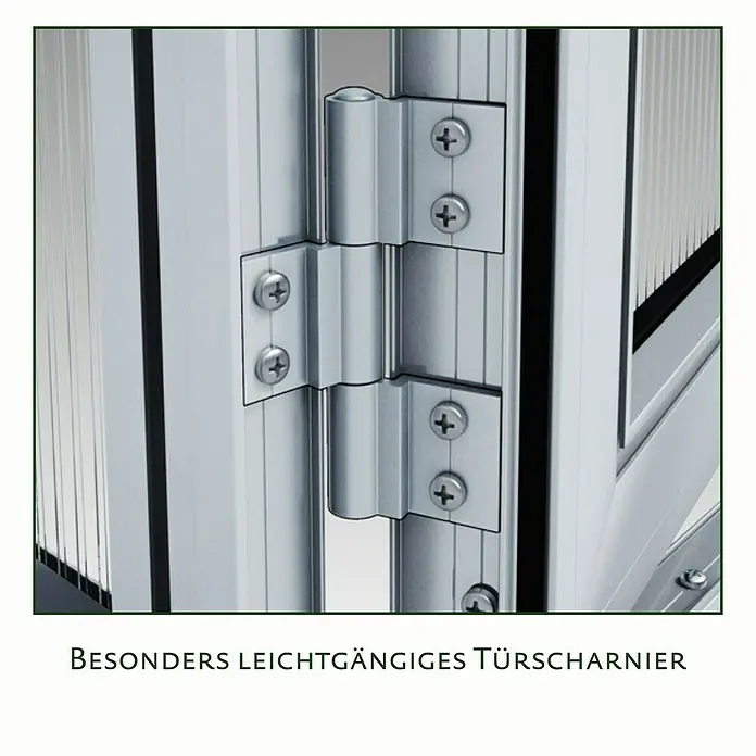 KGT Gewächshaus Rose III - Außenmaß inkl. Dachüberstand (B x T): 233 x 323 cm, 10 mm, Anthrazitgrau - Türscharnier aus Aluminium, besonders leichtgängig, für reibungslose Türbewegungen. Robust und langlebig.
