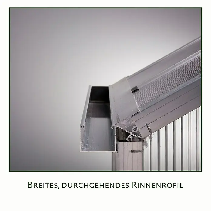KGT Gewächshaus Rose III - Außenmaß inkl. Dachüberstand (B x T): 233 x 323 cm, 10 mm, Anthrazitgrau - Breites Rinnenprofil für Gewächshäuser zur effizienten Wasserableitung.