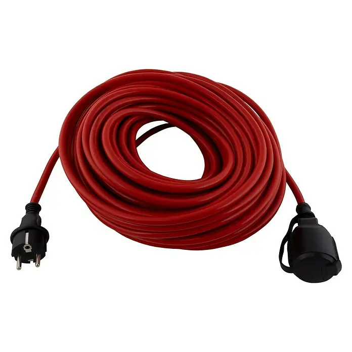 REV Verlängerungskabel - 25 m, Rot, IP44, N07V3V3-F - Eine rote Verlängerungskabelrolle mit schwarzem Stecker und Kupplung, aufgerollt und bereit für den Einsatz. Praktisch für Haus, Garten und Werkstatt.