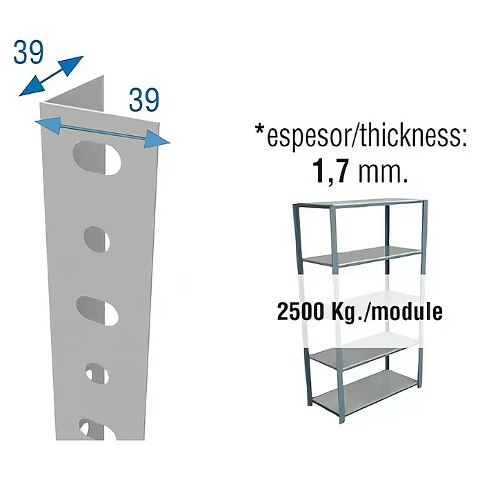 Simonrack Simonclassic Perfil angular - L x An x Al: 200 x 3,9 x 3,9 cm, Metal, Gris - Vista detallada de una estantería de almacenamiento con medidas y capacidad de carga. Ideal para el almacenamiento.