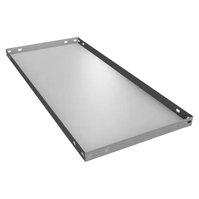 Simonrack Simonclassic Fachboden - B x T x H: 60 x 100 x 3,5 cm, Metall, Grau - Ein graues Metallfach zur Aufbewahrung von Gegenständen mit Löchern zur Befestigung an einer Wand oder einem Regal.