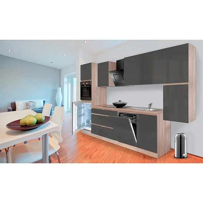 Respekta Premium Composición de cocina Lorena - Ancho: 330 cm, Gris, Brillo intenso, Decoración encimera: Efecto madera, Con electrodomésticos - Cocina moderna con gabinetes grises brillantes, detalles de madera clara, nevera y lavavajillas abiertos, electrodomésticos integrados y comedor.