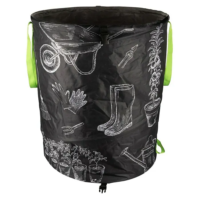 Windhager Motiv Gartenabfallsack - 180 l, L x B x H: 58 x 58 x 69 cm - Gartenabfallsack mit Gartengeräte-Motiven in Weiß auf Schwarz und grünen Griffen. Praktisch für die Gartenarbeit.