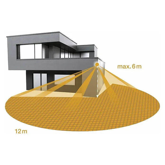 Steinel LED-Außenwandleuchte XLED Protect - 13,6 W, 16,1 x 18 x 21,8 cm, Weiß, IP44 - Illustration des Erfassungsbereichs eines Bewegungsmelders an einem modernen Haus, Reichweite max. 12m, Höhe max. 6m.