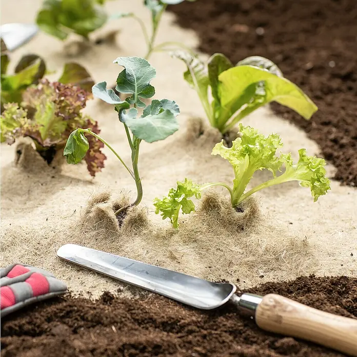Windhager Unkrautmatte - L x B: 4 x 0,5 m - Nahaufnahme von Pflanzen, die durch eine Schicht Mulch wachsen, zusammen mit einer Gartenschaufel und einem Handschuh.