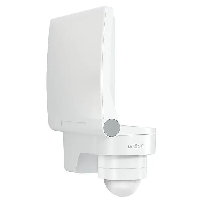 Steinel LED-Außenwandleuchte XLED Protect - 13,6 W, 16,1 x 18 x 21,8 cm, Weiß, IP44 - Nahaufnahme eines weißen Steinel-Sensors für den Außenbereich, der Bewegung erkennt und Licht steuert. Er bietet Sicherheit und Komfort rund ums Haus.