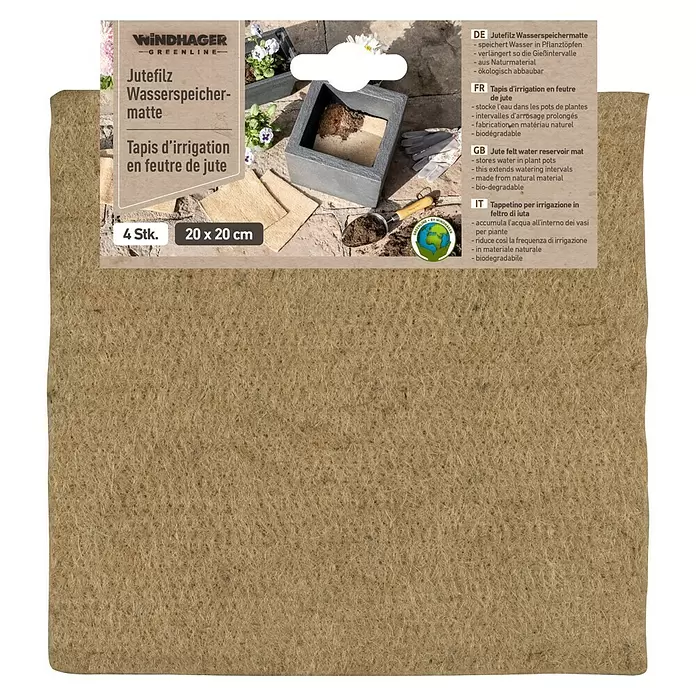 Windhager Jutevliesmatte Jutefilz Wasserspeichermatte - Natur, B x L: 20 x 20 cm - Eine Packung mit vier 20x20 cm großen Jute-Filzmatten zur Wasserspeicherung in Pflanztöpfen.