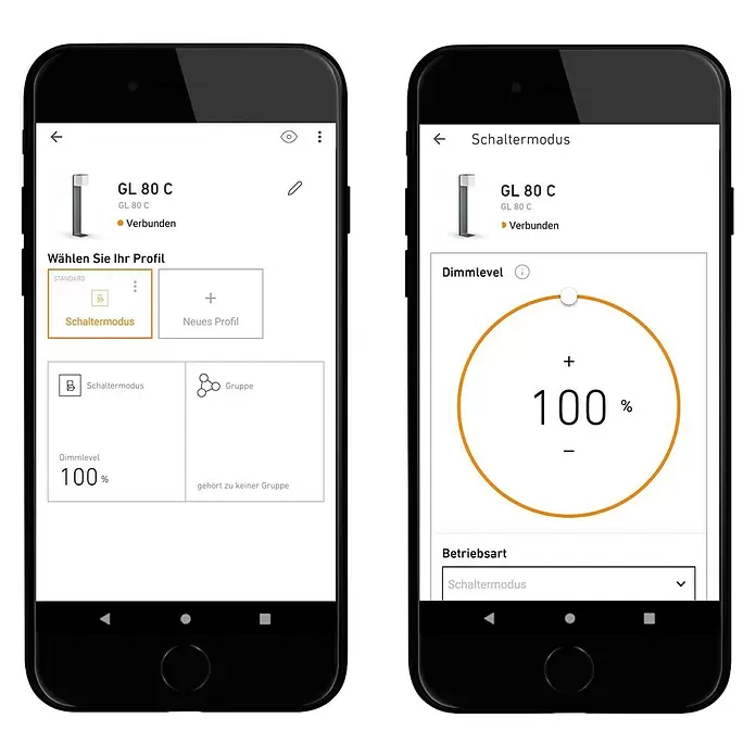 Steinel LED-Außenwegleuchte GL 80 C - L x B x H: 11 x 16,1 x 64,8 cm, Anthrazit, Warmweiß - Zwei Smartphone-Bildschirme zeigen eine App zur Steuerung einer GL 80 C Leuchte, mit Profil- und Dimmoptionen, auf 100% im Schaltermodus.