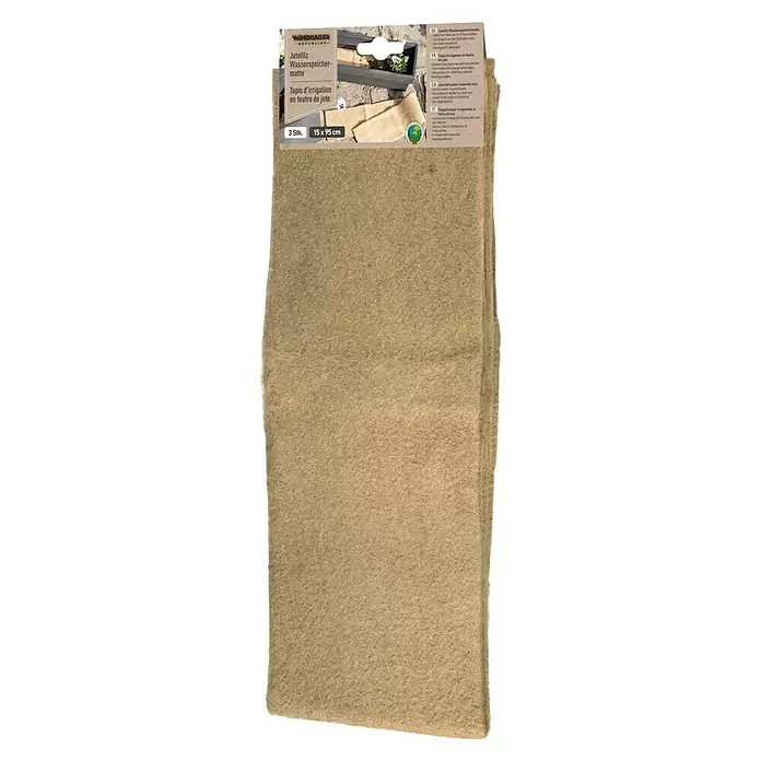 Windhager Jutevliesmatte Jutefilz Wasserspeichermatte - Natur, B x L: 15 x 95 cm - Drei beige Jutefilz Wasserspeichermatten in Verpackung für Pflanztöpfe, speichern Wasser und verlängern Gießintervalle.